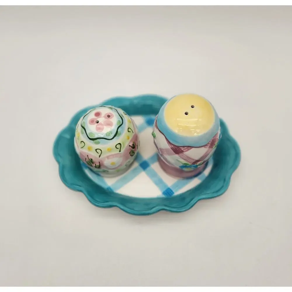Vintage Handcrafted Lotus Ceramic Floral Salt&Pepper Shakers‎ Tray Spring Easter